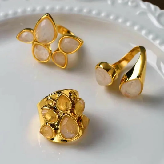 Vintage Natural Stone Crystal Ring Gold Color Geometric Finger Rings  Adjustable Opening for Women Jewelry Light Luxury Gifts