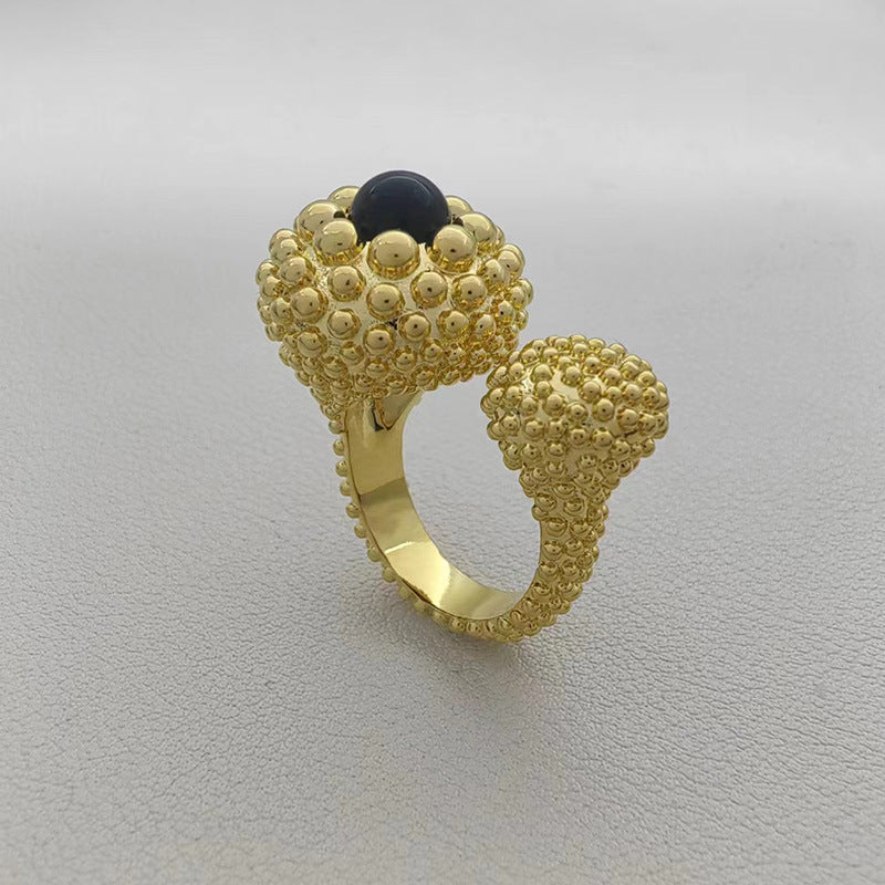 Spanish black agate antique ring niche three-dimensional polka dot gem high-end vacuum gold open ring